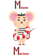 Latin Alphabet ABC Animal Professions Starting With Letter M Mouse Mariner In Cartoon Style.