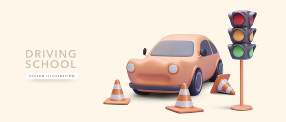 Concept poster for driving school in 3d realistic style with car, traffic cones and traffic lights. Vector illustration