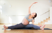 Pregnant Woman Is Engaged In Yoga. Revolved Seated Side Angle Pose Or Parivrtta Upavistha Konasana