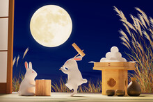 満月の夜に杵で餅をつく白うさぎ / 十五夜・中秋の名月・お月見のコンセプトイメージ / 3Dレンダリング