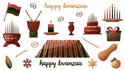 Kwanzaa party celebration decor elements. Mazao, vibunzi, zawadi, mkeka, kinara, flag, gifts, cup, candles, mat, pumpkin. For poters, flyers, web designs.