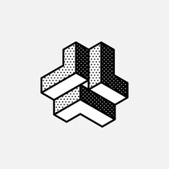 Wall Mural - impossible triangle vector shape. retro 3d black and white logo with polka dot pattern on the sides.