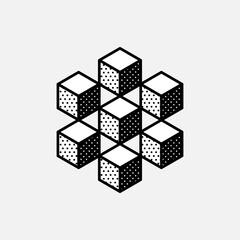Wall Mural - impossible hexagon vector shape. retro 3d black and white logo with polka dot pattern on the sides.