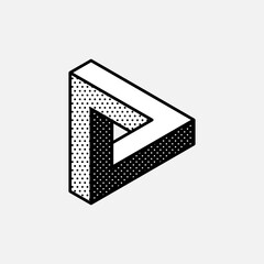 Wall Mural - impossible triangle vector shape. retro 3d black and white logo with polka dot pattern on the sides.