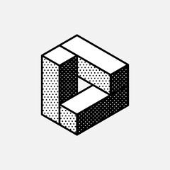 Wall Mural - impossible triangle vector shape. retro 3d black and white logo with polka dot pattern on the sides.