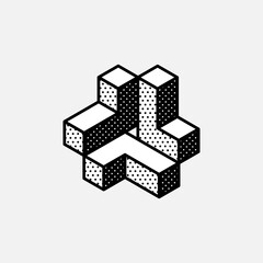 Wall Mural - impossible triangle vector shape. retro 3d black and white logo with polka dot pattern on the sides.