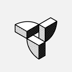 Wall Mural - impossible sector vector shape. retro 3d black and white logo with polka dot pattern on the sides.