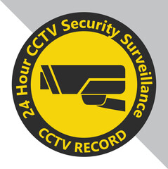 Symbols of logo for CCTV  sticker. Meaning of protect and recoard 24 hours of security surveillance. on isolated two tone white and gray background.