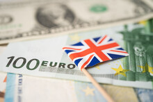 United Kingdom Flag On Euro Banknotes, Finance And Accounting, Banking Concept.