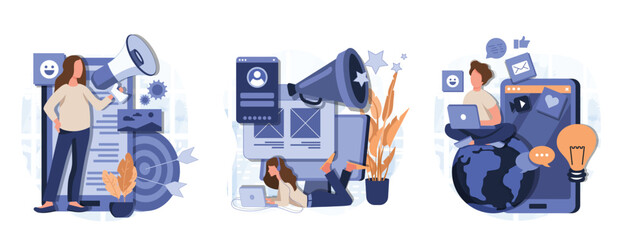 Wall Mural - Social media marketing concept isolated person situations. Collection of scenes with people with megaphones attract new customers, advertising, promotion. Mega set. Vector illustration in flat design