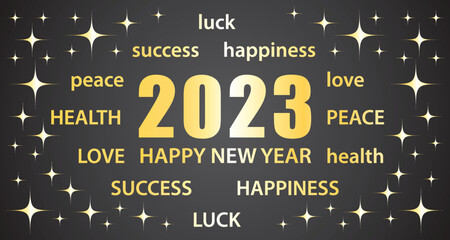 Wall Mural - 2023 Happy New Year. Black and gold greeting card with best wishes. Illustration vector banner.