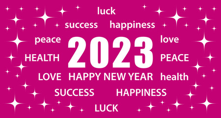 Wall Mural - 2023 Happy New Year. Pink  greeting card with best wishes. Vector illustration banner.