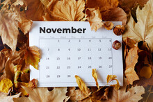 Autumn Background With November Calendar And Leaves