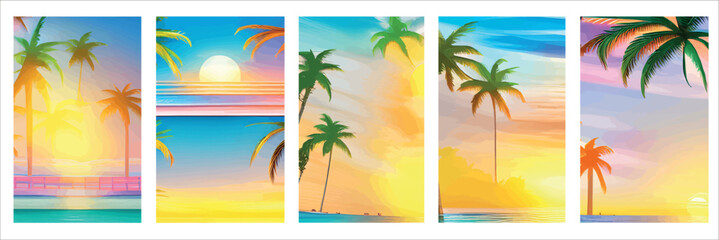 Wall Mural - Card with realistic silhouette palm trees sunset beach. Tropical landscape with sunny sky, palm trees beach. Summer vacation tropics with plants, ocean sea waves. Vector set vertical posters tourism