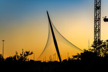 The Chords Bridge - Light Rail And Pedestrian Bridge At The Entrance To Jerusalem. Bridge Silhouette In Sunset Light.