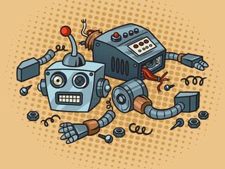 disassembled broken cartoon robot pop art retro raster illustration. Comic book style imitation.