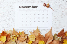 Autumn Flat Lay With November Calendar And Leaves
