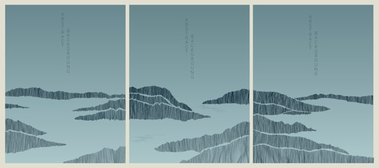 minimalist lines landscape background in asian style in black and blue colours