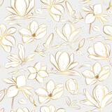 Fototapeta Sypialnia - Seamless vector pattern with magnolia flowers on a gray background. Line art style.