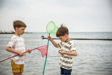 Wall Mural - Two sibling little brother boy exploring the beach at low tide walking towards the sea coast. Friendship happy childhood concept