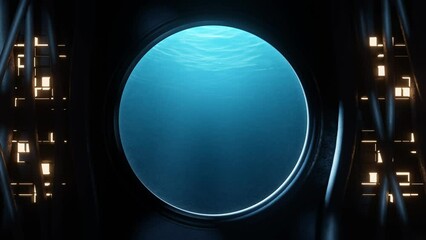 Wall Mural - View of a round window with bottom under the sea waves seen from inside a submarine or science fiction environment with cables, light panels and moving illuminations. Looping video. 3D Rendering