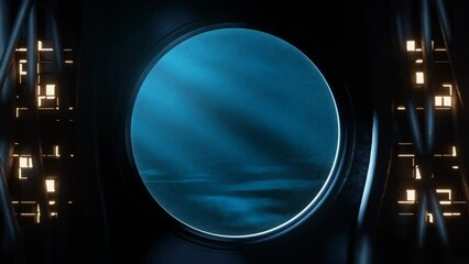 Wall Mural - View of a round window with underwater background seen from inside a submarine or sci-fi environment with cables, light panels and moving illuminations. Looping video. 3D Rendering