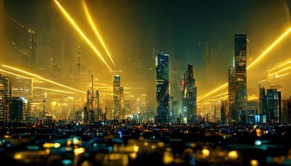 Aufkleber - Night city with yellow illumination and multistory buildings