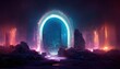 Illuminated arch portal in rock in underground dimension