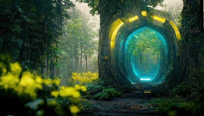 Wall Mural - teleport built by old civilization among trees in forest