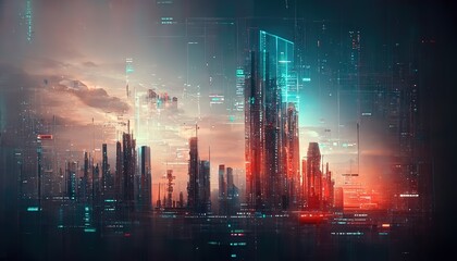 Aufkleber - Digitization of futuristic city with skyscrapers at sunset