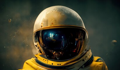 Wall Mural - Astronaut in helmet and protective suit on grey background