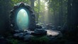 Old stone arch with portal glowing turquoise in shady forest