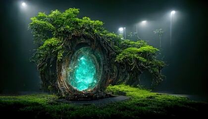 Wall Mural - glowing portal in old tree trunk on glade in dark space