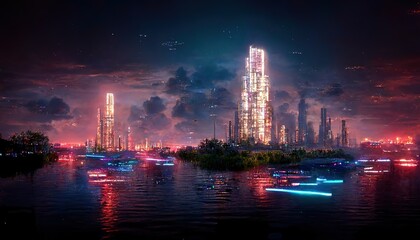 Poster - Glowing skyscrapers near river with neon lights reflection