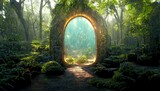 Fototapeta Las - Magical portal with arch made with tree branches in forest