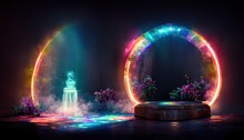 Portal With Virtual Rainbow Arch In Dark Fantasy Garden