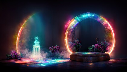 Wall Mural - portal with virtual rainbow arch in dark fantasy garden