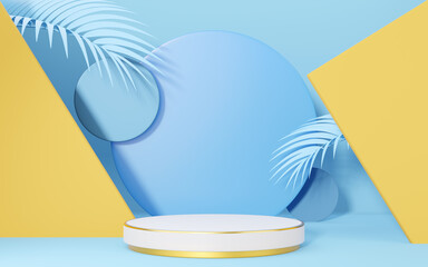 Wall Mural - 3D white cylinder podium mockup with palm leaf, gold border, circle, yellow wall on blue copy space background. Empty pedestal mockup space for display. Abstract minimal studio geometric. 3d rendering