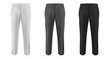 Set realistic white, gray, black pants. Base clothes isolated on clean background. Collection blank mockup for branding man or woman fashion. Design casual template. 3d vector illustration.