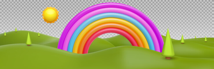 3d cartoon vector landscape composition with green hills, trees, rainbow, sun. Modern stylised children concept background illustration. Cute nature environment panorama. Glossy kids toy elements.