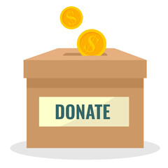 money box with coins. putting coins into donation box: Donate money charity concept