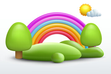Green island, podium or pedestal with rainbow, trees, sun and clouds. Modern stylised children concept background illustration. Cute nature environment composition. Glossy kids toy elements.