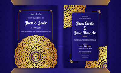 Wall Mural - Luxury blue golden mandala wedding invitation card with floral pattern and background