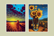 A Set Of Two Vertical Posts. Sunflower Flower, Sunset Rural Landscape Painting With Golden Sunflower Field. The Warm Light Of A Sunset And The Color Of The Hill In Orange And Blue In The Background.