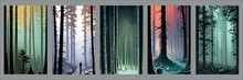 Set Vertical Backgrounds Dark Twilight Forest With Fogs Twilight Vector Illustration. Silhouettes Trees With Bare Branches Polar Lights. Dark Forest. Trees. Abstract Landscape Background