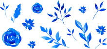Hand Drawn Watercolor Blue Flower Set. Monochrome Set. Watercolor In Vector Format. Rose. Branch. Leaves. Blue. Elements For Decor. Simple Watercolor.
