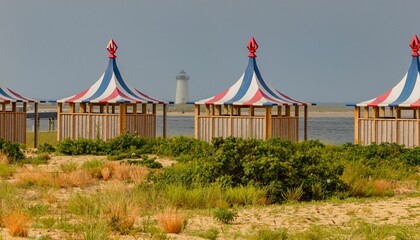 Wall Mural - Scenic view of small beach cabanas on the Marthas vineyard surrounded by grass