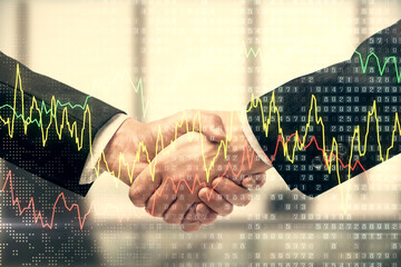 Double exposure of forex graph hologram and handshake of two men. Stock market concept.