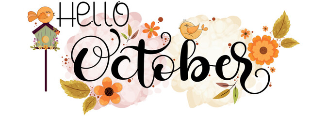 hello october. october month vector with flowers, birds and leaves. decoration floral. illustration 
