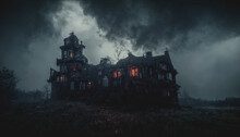 Dark Atmospheric Horror Background. Haunted House. Dramatic Sky, Old, Abandoned House, Light In The Windows. 3D Illustration.